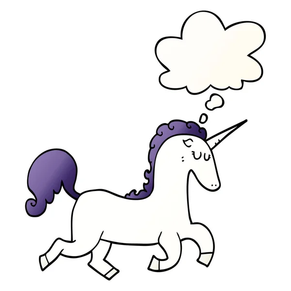 Unicornio de dibujos animados y burbuja de pensamiento en estilo gradiente suave — Vector de stock