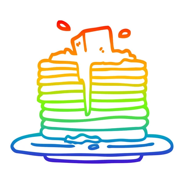 Regenboog gradiënt lijntekening cartoon boter smelten op pannenkoeken — Stockvector