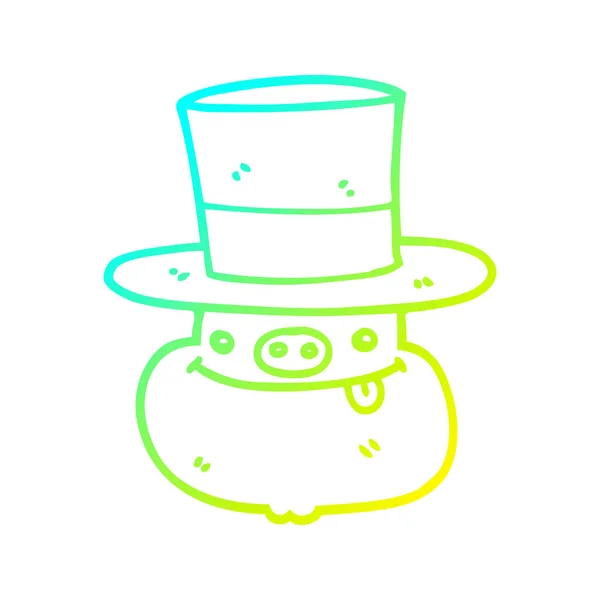 Línea de gradiente frío dibujo de dibujos animados cerdo con sombrero de copa — Vector de stock