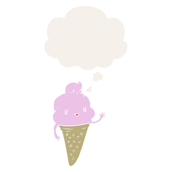 レトロなスタイルでかわいい漫画のアイスクリームと思考バブル — ストックベクタ