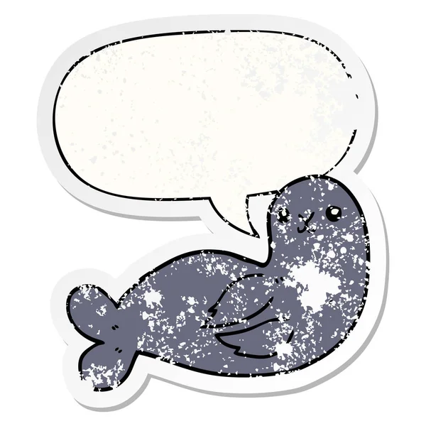 Cartoon seal and speech bubble distressed sticker — Stock Vector