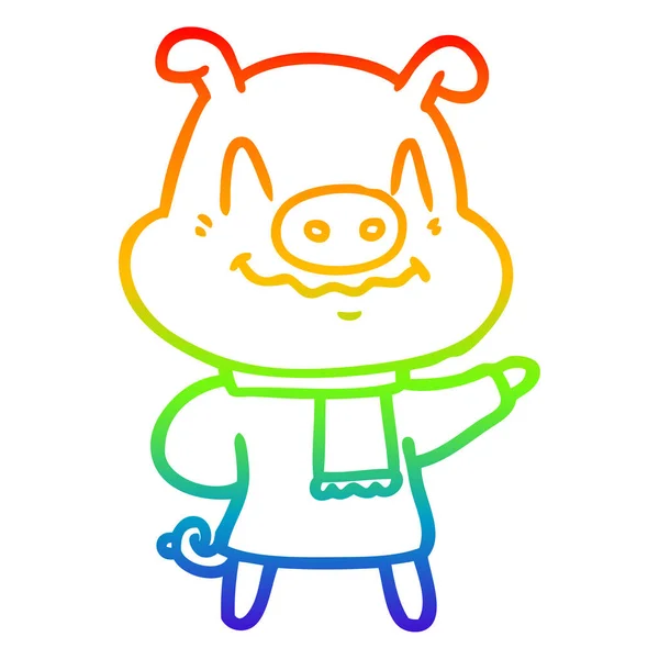 Regenboog gradiënt lijntekening nerveuze cartoon varken dragen sjaal — Stockvector