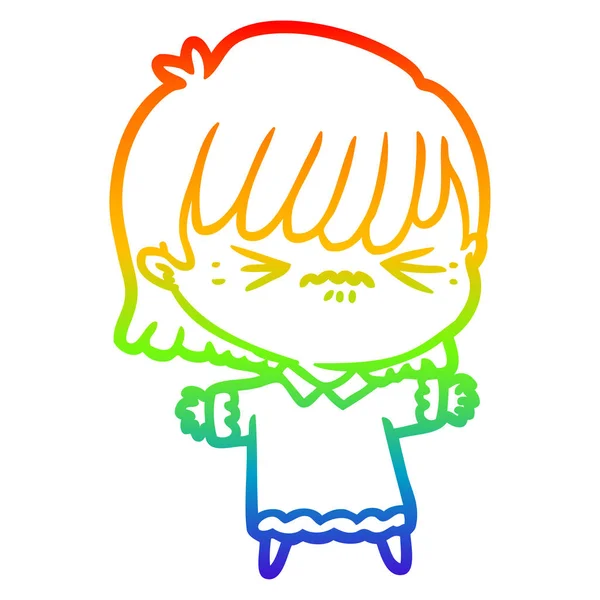 Rainbow gradient ligne dessin ennuyé dessin animé fille — Image vectorielle