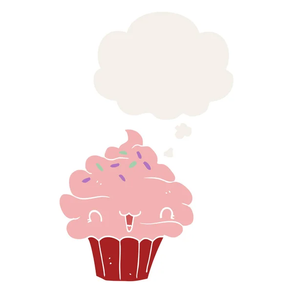 Cute cartoon frosted cupcake and thought bubble in retro style — Stock Vector