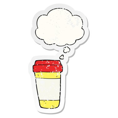 karikatür kahve fincanı ve sıkıntılı bir yıpranmış sopa olarak kabarcık düşünce