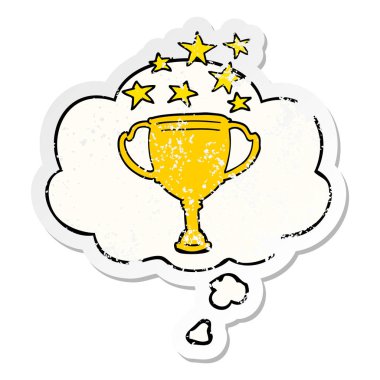 karikatür spor kupa ve sıkıntılı yıpranmış st olarak kabarcık düşünce