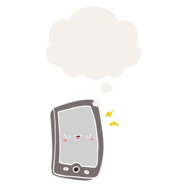 sevimli karikatür cep telefonu ve retro tarzında kabarcık düşünce
