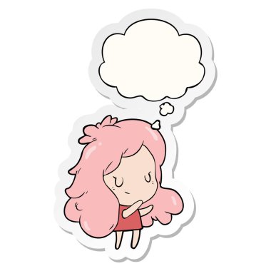karikatür kız ve baskılı bir etiket olarak kabarcık düşünce