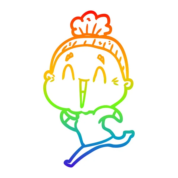 Regenboog gradiënt lijntekening cartoon gelukkig oude dame — Stockvector