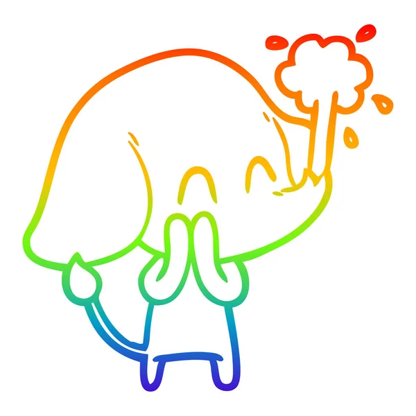 Rainbow gradient linje ritning söt tecknad elefant sprutande Wat — Stock vektor