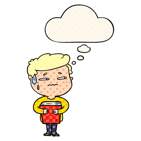 Cartoon angstige jongen dragen boek en dacht bubble in Comic Bo — Stockvector