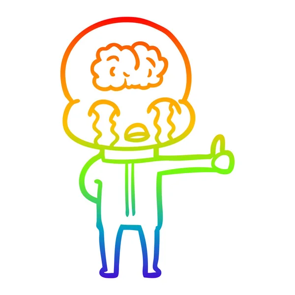 Rainbow gradient line drawing cartoon big brain alien crying but — Stock Vector