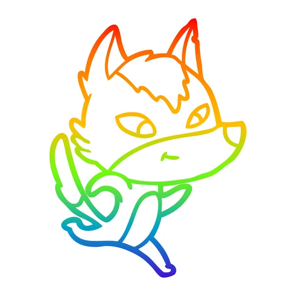 Arco iris gradiente línea dibujo amistoso dibujos animados lobo corriendo — Vector de stock