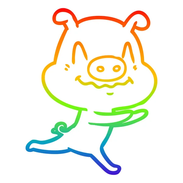 Regenboog gradiënt lijntekening nerveuze cartoon varken running — Stockvector