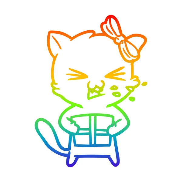 Arco iris gradiente línea dibujo dibujos animados gato — Vector de stock