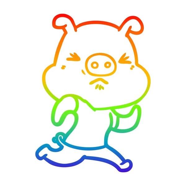 Rainbow gradient ligne dessin dessin animé cochon en colère portant tee shir — Image vectorielle