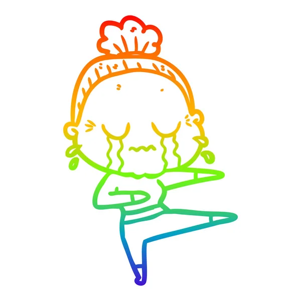 Regenboog gradiënt lijntekening cartoon oude danseres vrouw huilen — Stockvector