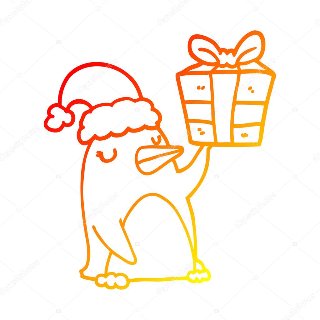 warm gradient line drawing cartoon penguin with christmas presen