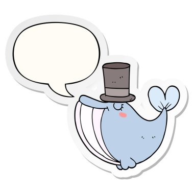 karikatür balina ve üst şapka ve konuşma kabarcık etiket