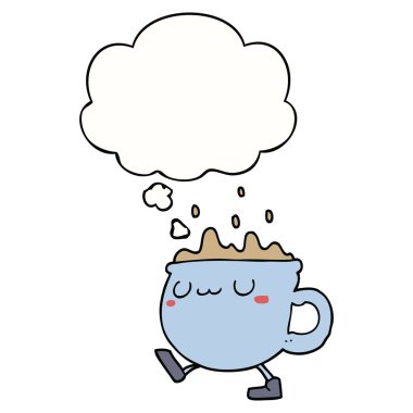 karikatür kahve fincanı yürüyüş ve düşünce balonu