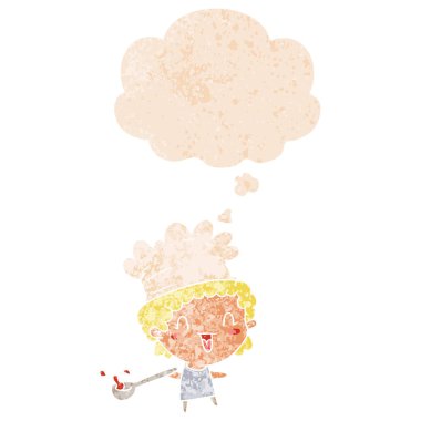 karikatür şef ve retro dokulu tarzında düşünce balonu