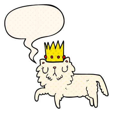 çizgi roman tarzında taç ve konuşma balonu giyen karikatür kedi