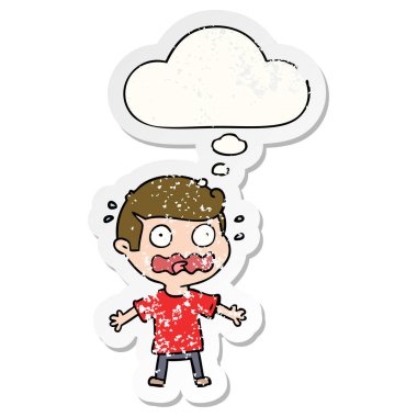 karikatür adam tamamen stresli ve bir distres olarak kabarcık düşündüm