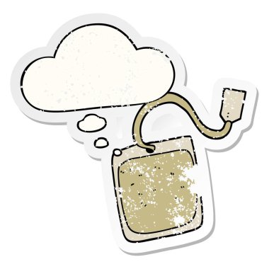 karikatür çay poşeti ve sıkıntılı yıpranmış etiket olarak kabarcık düşünce