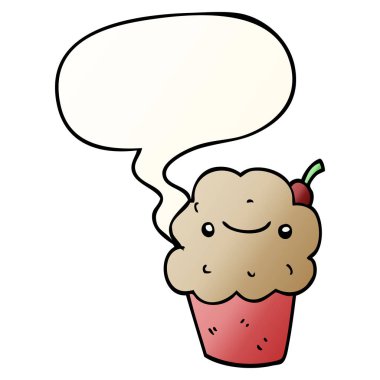 düzgün degrade tarzında karikatür cupcake ve konuşma balonu