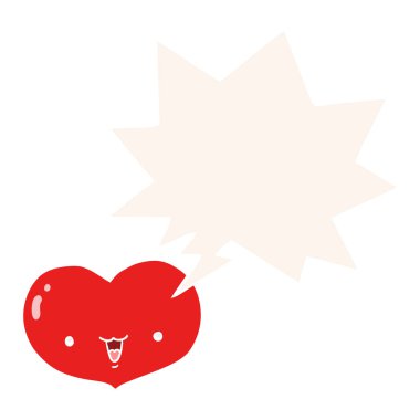 retro tarzında karikatür aşk kalp karakteri ve konuşma balonu