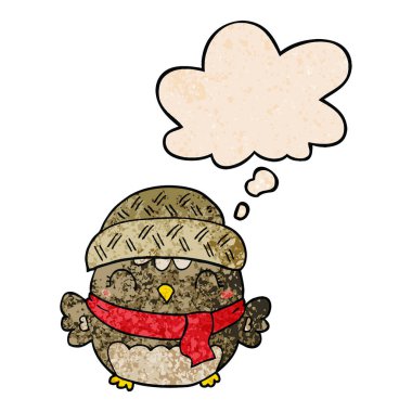 şapka sevimli karikatür baykuş ve grunge doku pat düşünce balonu