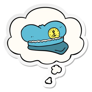 karikatür denizci şapka ve baskılı bir etiket olarak kabarcık düşünce