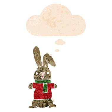 retro dokulu tarzında karikatür tavşan ve düşünce balonu