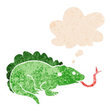 retro dokulu tarzda karikatür kertenkele ve düşünce balonu