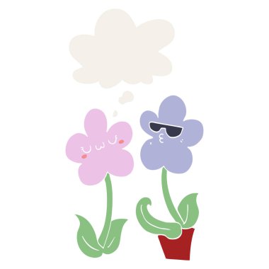 retro tarzında sevimli karikatür çiçek ve düşünce balonu