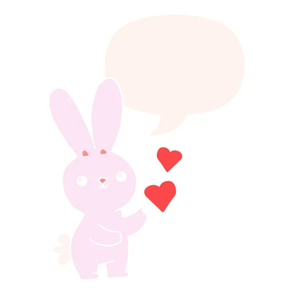 Słodkie kreskówka królik i miłość serca i mowy Bańka w retro s — Wektor stockowy