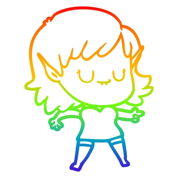 Rainbow gradient ligne dessin heureux dessin animé elfe fille — Image vectorielle