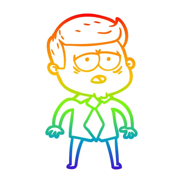 Regenboog gradiënt lijntekening cartoon vermoeide man — Stockvector