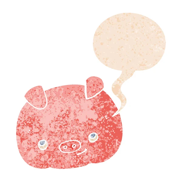 Cartoon szczęśliwy świnia i bańka mowy w stylu retro teksturowane — Wektor stockowy