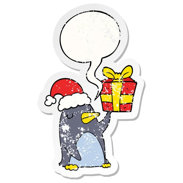 Pingüino de dibujos animados y Navidad presente y el habla burbuja angustia — Vector de stock