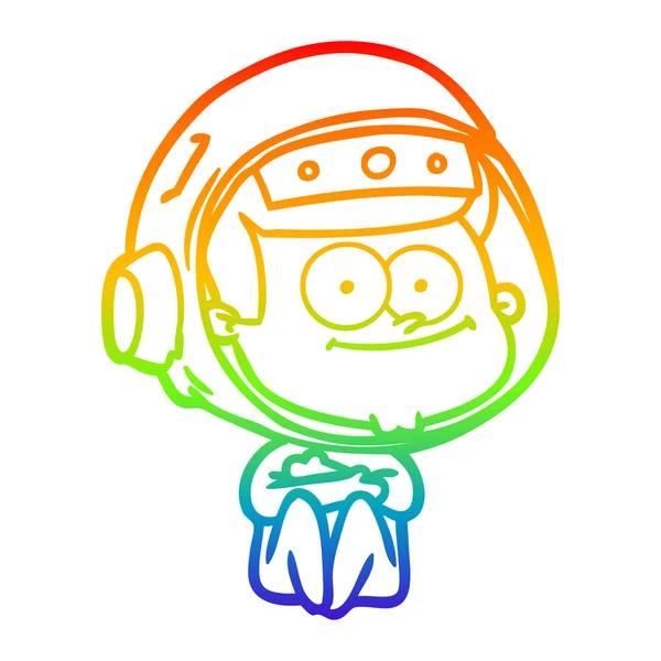 Rainbow gradient line drawing happy astronaut cartoon — Stock Vector