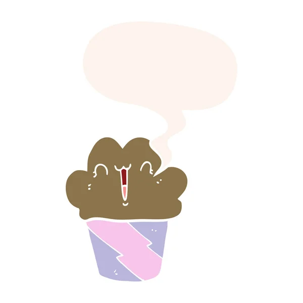 Cupcake de dibujos animados y burbuja de la cara y el habla en estilo retro — Vector de stock