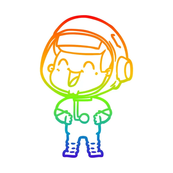 Regenbogen-Gradientenlinie zeichnet glücklichen Cartoon-Astronauten — Stockvektor