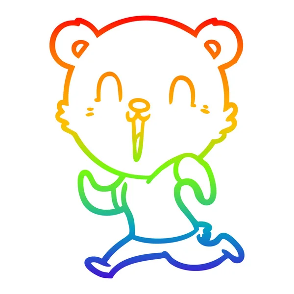 Regenbogen-Gradienten-Linie zeichnet glücklich Cartoon-Bär läuft — Stockvektor