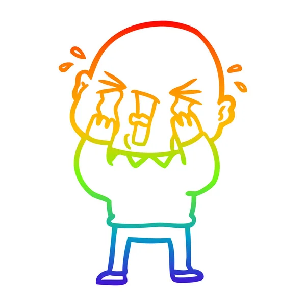 Rainbow gradient line drawing cartoon crying bald man — Stock Vector