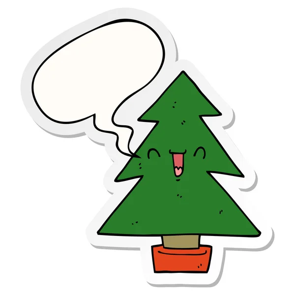 Adesivo cartoni animati albero di Natale e la parola bolla — Vettoriale Stock