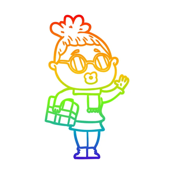 Rainbow Gradient Line Zeichnung Cartoon Frau mit Sonnenbrille — Stockvektor