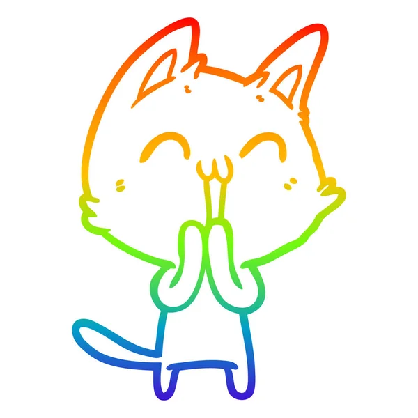 Радужная градиентная линия, рисующая счастливую мультяшную кошку — стоковый вектор