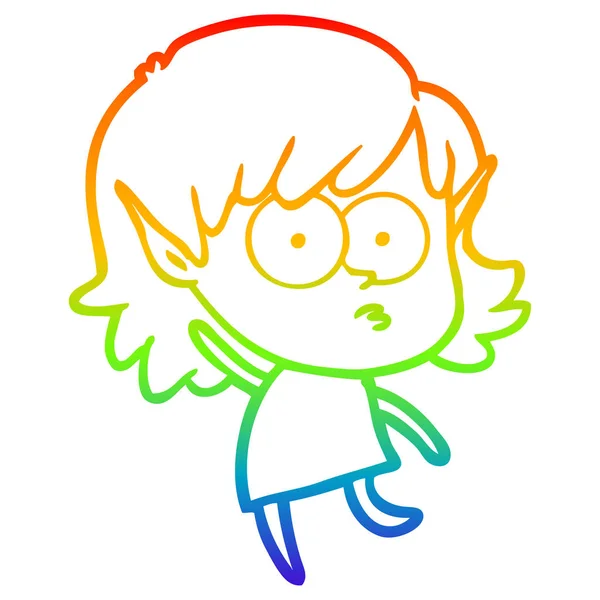 Arcobaleno gradiente linea disegno cartone animato elfo ragazza fissando — Vettoriale Stock