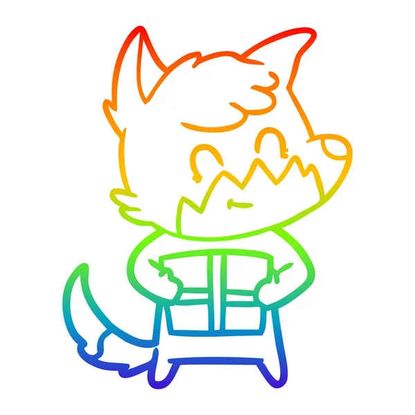 Linha gradiente arco-íris desenho cartoon amigável raposa com presente — Vetor de Stock